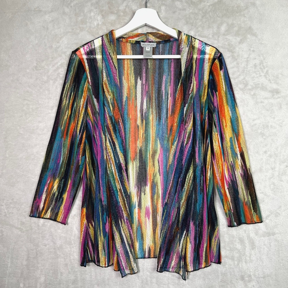 Multiples Abstract Print M Sheer Mesh Open Front Cardigan Layering Jacket Artsy - Picture 1 of 8